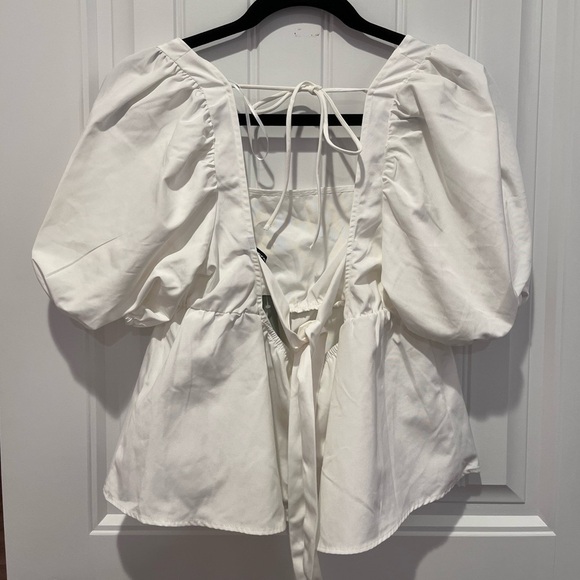 🧁H&M White Puff Sleeve Babydoll Tie Top Coquette Cottagecore Feminine Spring - Picture 8 of 10